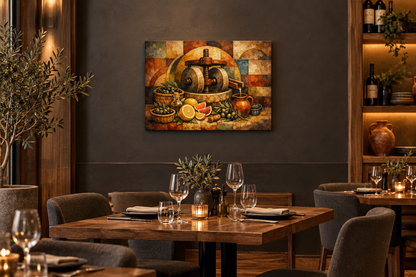 Olive oil press still life rustic Mediterranean canvas wall art in a charcoal fine dining restaurant interior - Portugal Canvas Co