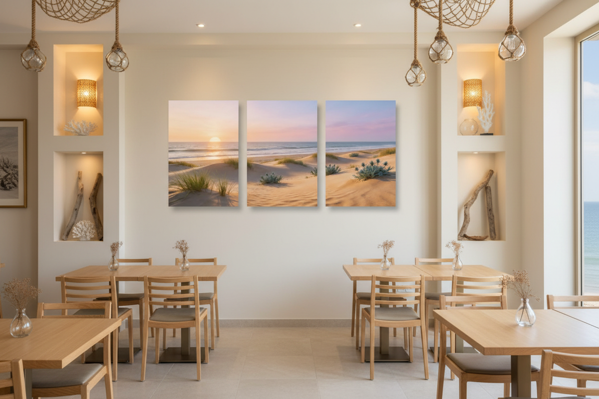 Mediterranean beach sunset triptych canvas print displayed in an upscale coastal restaurant - Portugal Canvas Co