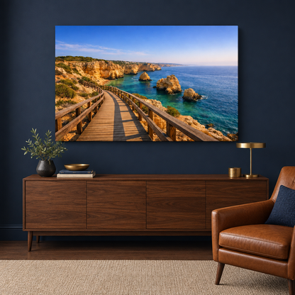 Carvoeiro Boardwalk coastal canvas above a walnut sideboard in a navy study with a cognac chair - Portugal Canvas Co