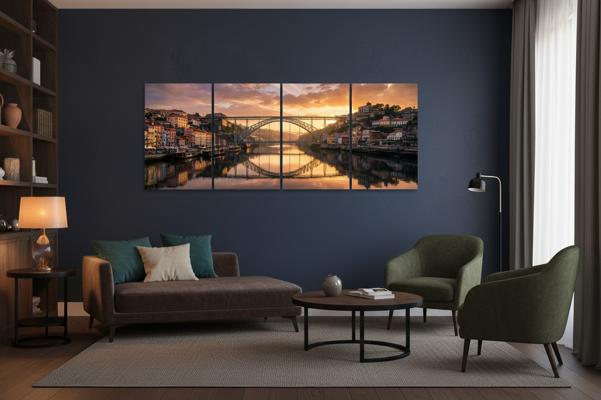 Porto bridge four-panel canvas in a dark lounge - Portugal Canvas Co