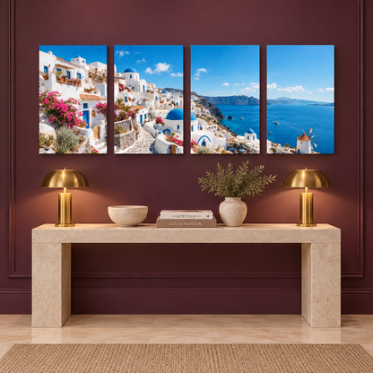 Santorini in Bloom four-panel canvas set above a stone console in a plum entryway - Portugal Canvas Co