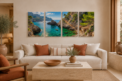 Hidden cove four-panel wall art above a cream sofa in a terracotta boutique resort sitting room - Portugal Canvas Co