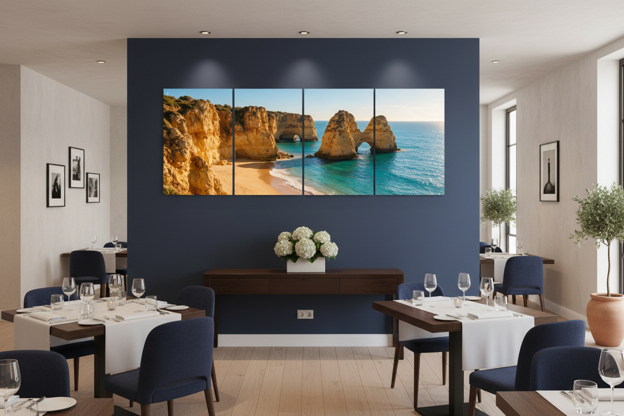 Four-panel Old Town Albufeira canvas wall art in a Portuguese restaurant - Portugal Canvas Co