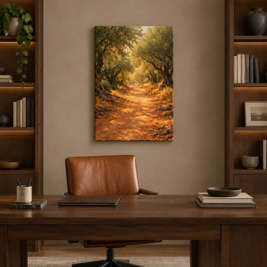 Sunlit olive grove path canvas above a walnut desk in a warm taupe home study - Portugal Canvas Co