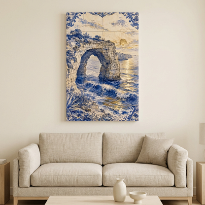 Blue and cream azulejo-style coastal rock arch sunset canvas in a neutral living room with an oatmeal sofa - Portugal Canvas Co