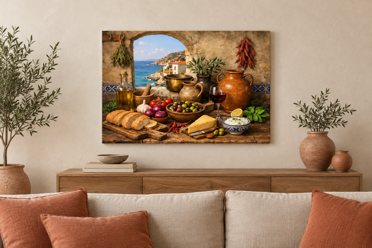 Mediterranean coastal still life canvas displayed in an ivory and terracotta living room - Portugal Canvas Co