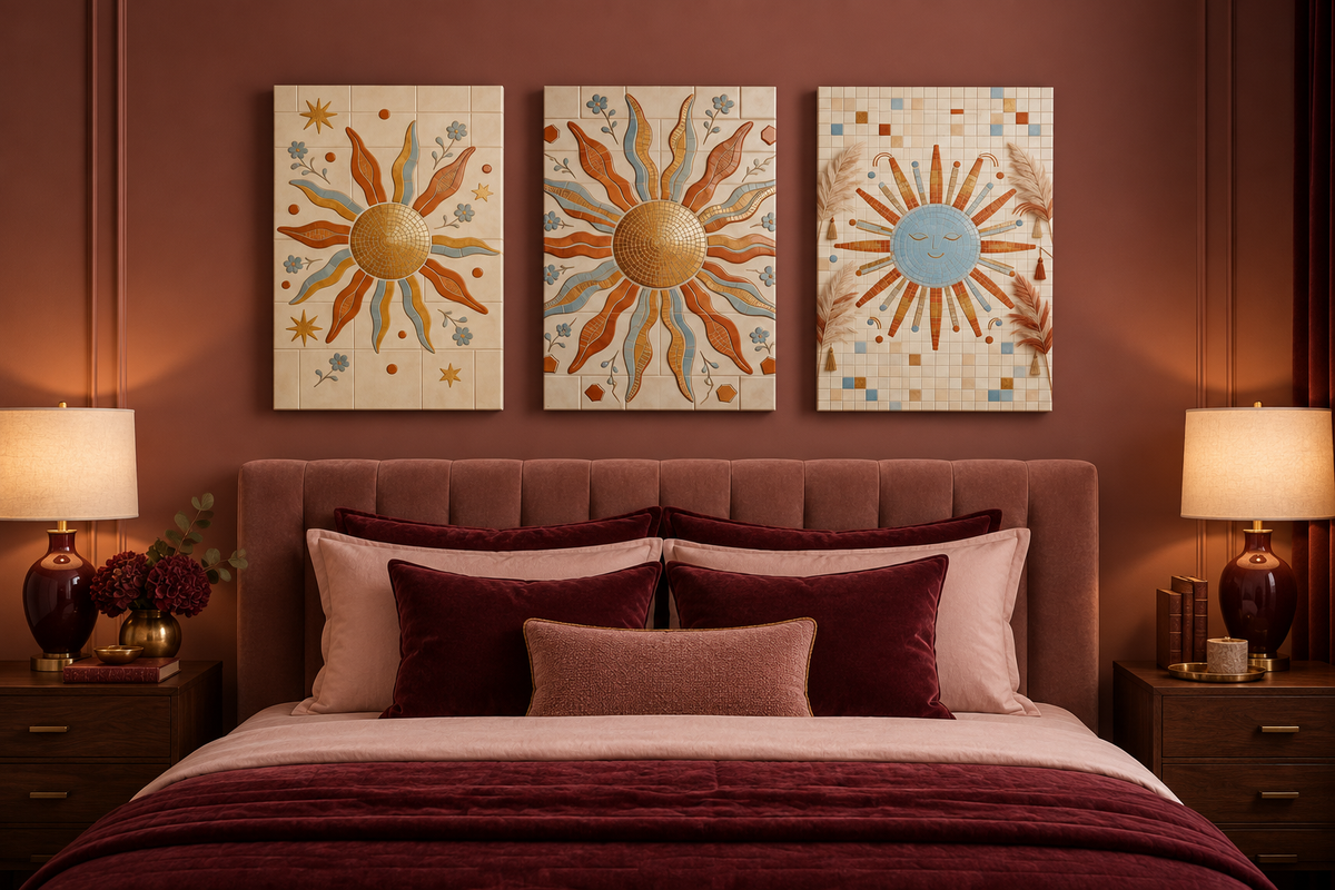 Boho sun mosaic triptych canvas set above a bed in a rose and burgundy bedroom - Portugal Canvas Co