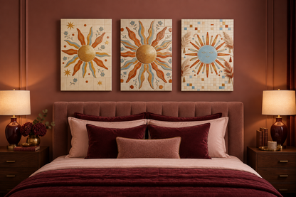Boho sun mosaic triptych canvas set above a bed in a rose and burgundy bedroom - Portugal Canvas Co
