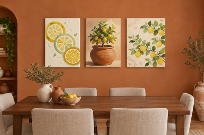 Three-piece Mediterranean lemon canvas set above a walnut dining table on a terracotta wall - Portugal Canvas Co