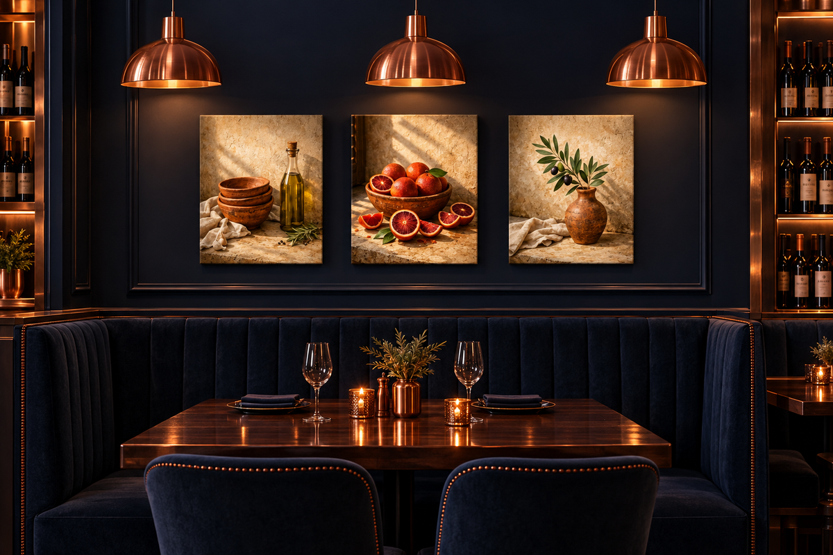 Mediterranean still life three-panel canvas set in a midnight navy and copper wine bar - Portugal Canvas Co