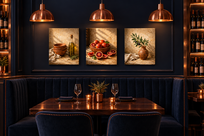 Mediterranean still life three-panel canvas set in a midnight navy and copper wine bar - Portugal Canvas Co