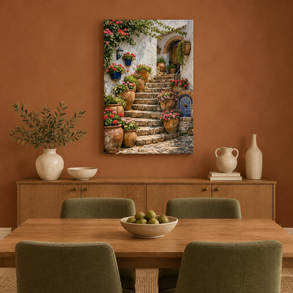 Mediterranean stone staircase canvas with flowers and terracotta pots in a terracotta and olive dining room - Portugal Canvas Co