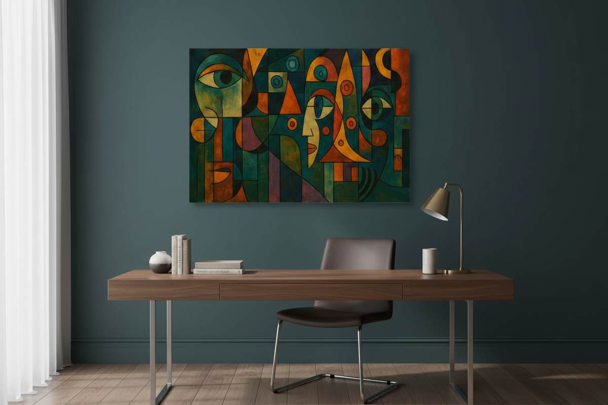 Colorful Cubist Faces canvas above a walnut desk in a sophisticated teal home office - Portugal Canvas Co