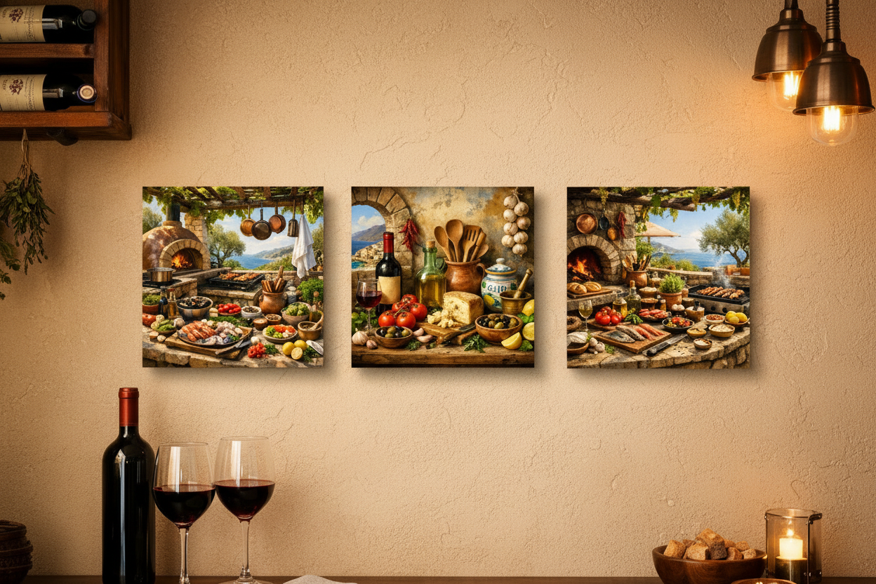 Mediterranean feast rustic kitchen triptych canvas set on cream wall in a cozy farmhouse kitchen with terracotta pots and hanging herbs - Portugal Canvas Co