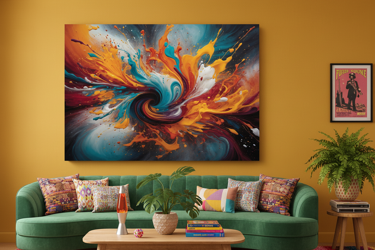 Vibrant abstract swirl canvas wall art displayed on mustard yellow wall above emerald green velvet sofa in funky maximalist living room - Portugal Canvas Co