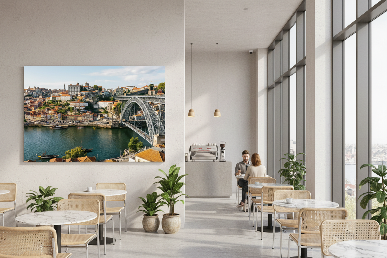 Porto Dom Luís I Bridge canvas wall art displayed in a bright modern café with marble tables and natural daylight - Portugal Canvas Co