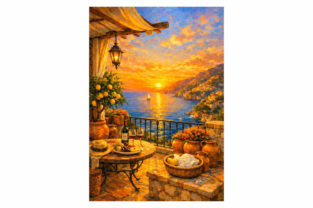 Mediterranean sunset terrace portrait artwork flat on a pure white landscape background - Portugal Canvas Co