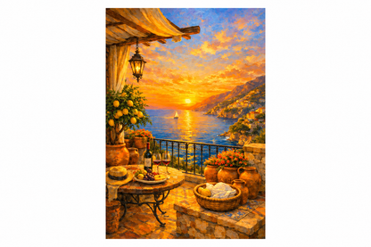 Mediterranean sunset terrace portrait artwork flat on a pure white landscape background - Portugal Canvas Co