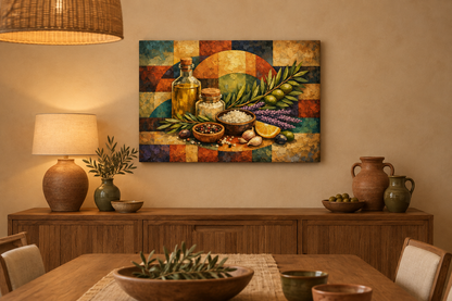 Cubist Mediterranean ingredients canvas above a dining sideboard in warm indoor lighting - Portugal Canvas Co