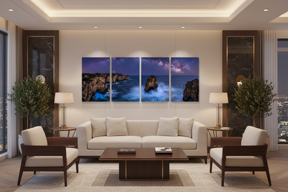 Four-panel Algarve coast at night gallery-wrapped canvas set in a refined five-star hotel executive lounge - Portugal Canvas Co