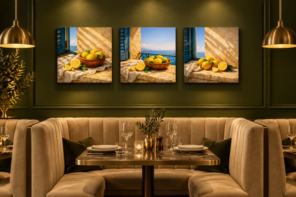 Mediterranean Lemon Window Trio canvas set displayed in an olive green restaurant - Portugal Canvas Co
