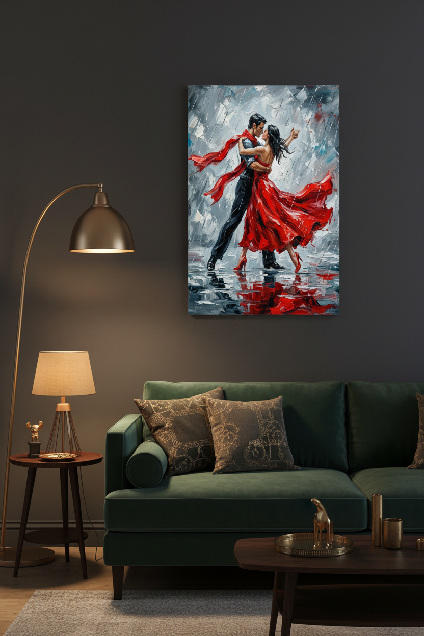 Tango couple red dress dancing in rain canvas wall art on a charcoal grey wall in a dark moody living room with velvet sofa and brass accents - Portugal Canvas Co