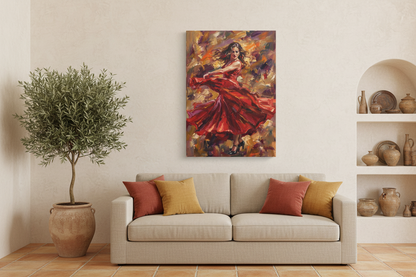 Flamenco dancer in a flowing red dress vibrant canvas wall art in a warm Mediterranean living room with cream plaster walls - Portugal Canvas Co