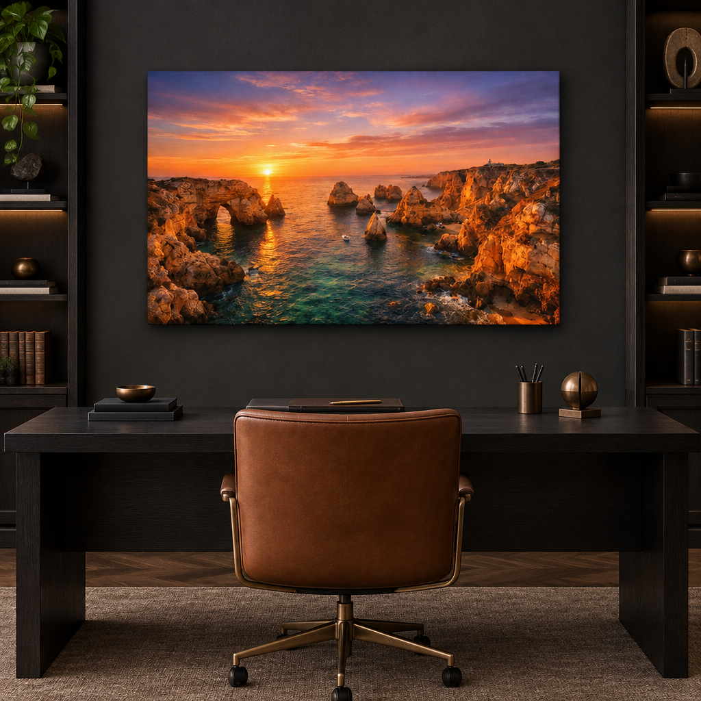 Ponta da Piedade sunset canvas in a charcoal home office - Portugal Canvas Co