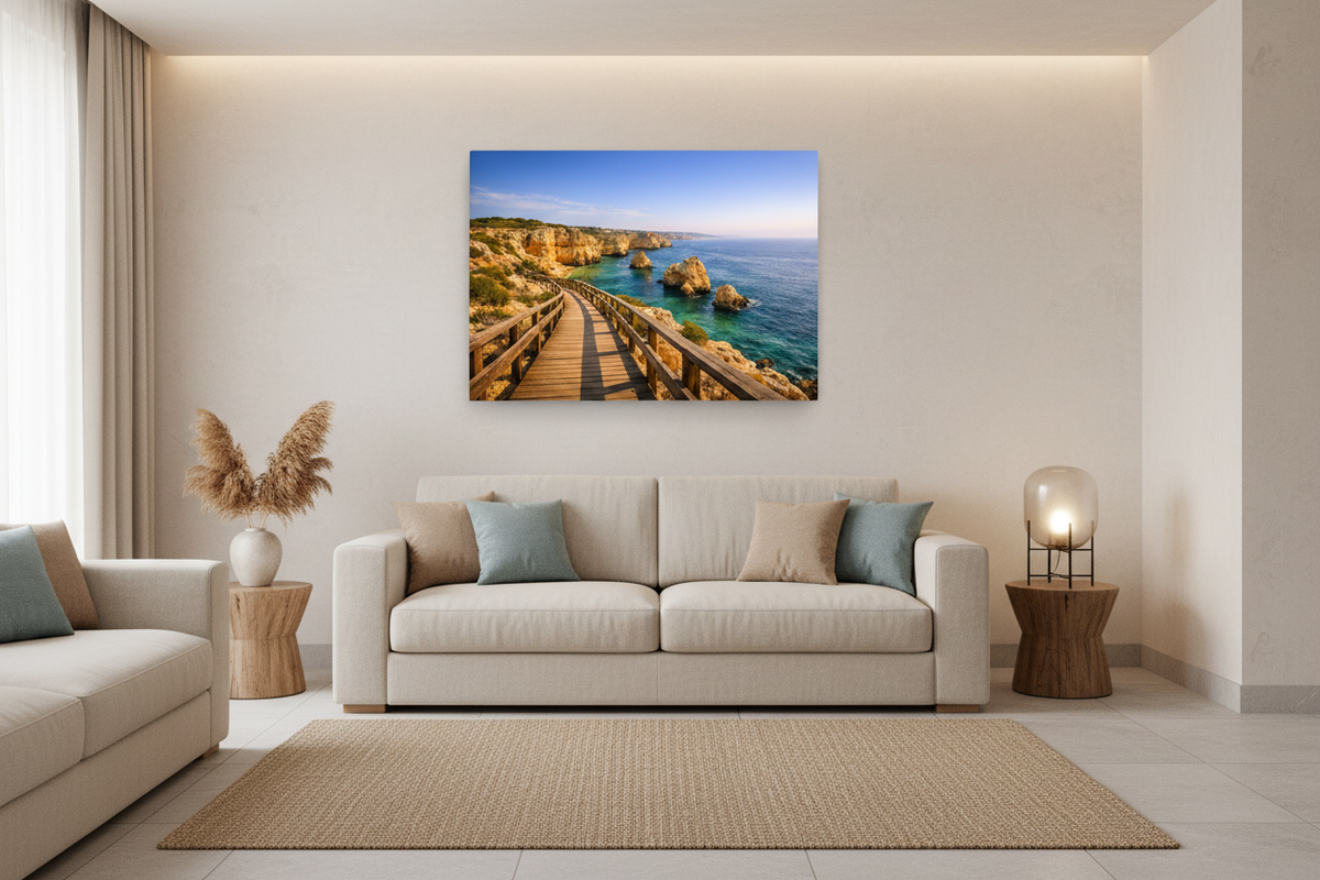 Carvoeiro boardwalk Algarve canvas wall art displayed in a luxury hotel spa wellness lounge - Portugal Canvas Co