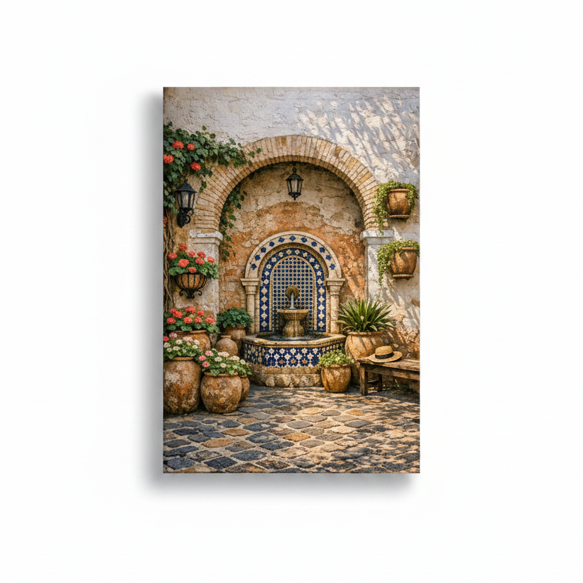 Andalusian courtyard fountain canvas print with blue mosaic tile arch and terracotta pots with geraniums on white background - Portugal Canvas Co