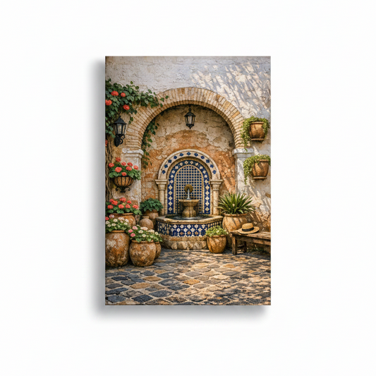 Andalusian courtyard fountain canvas print with blue mosaic tile arch and terracotta pots with geraniums on white background - Portugal Canvas Co