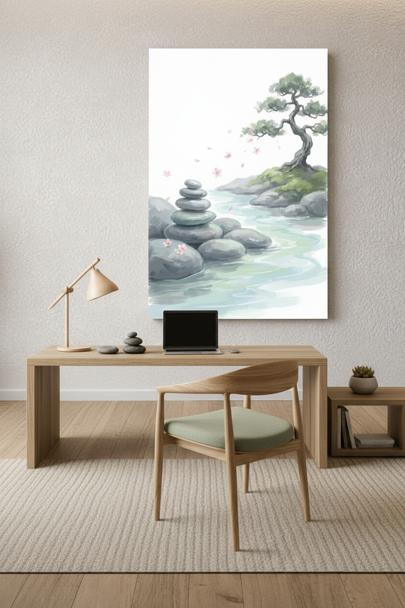 Zen stacked stones bonsai cherry blossom watercolor canvas wall art above a minimalist home office desk with river stones and warm desk lamp - Portugal Canvas Co