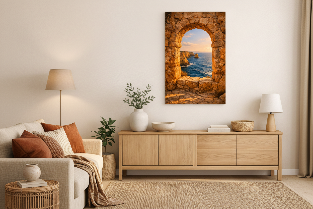 Algarve stone archway at sunset canvas wall art in boho living room with amber and terracotta cushions and rattan furniture - Portugal Canvas Co
