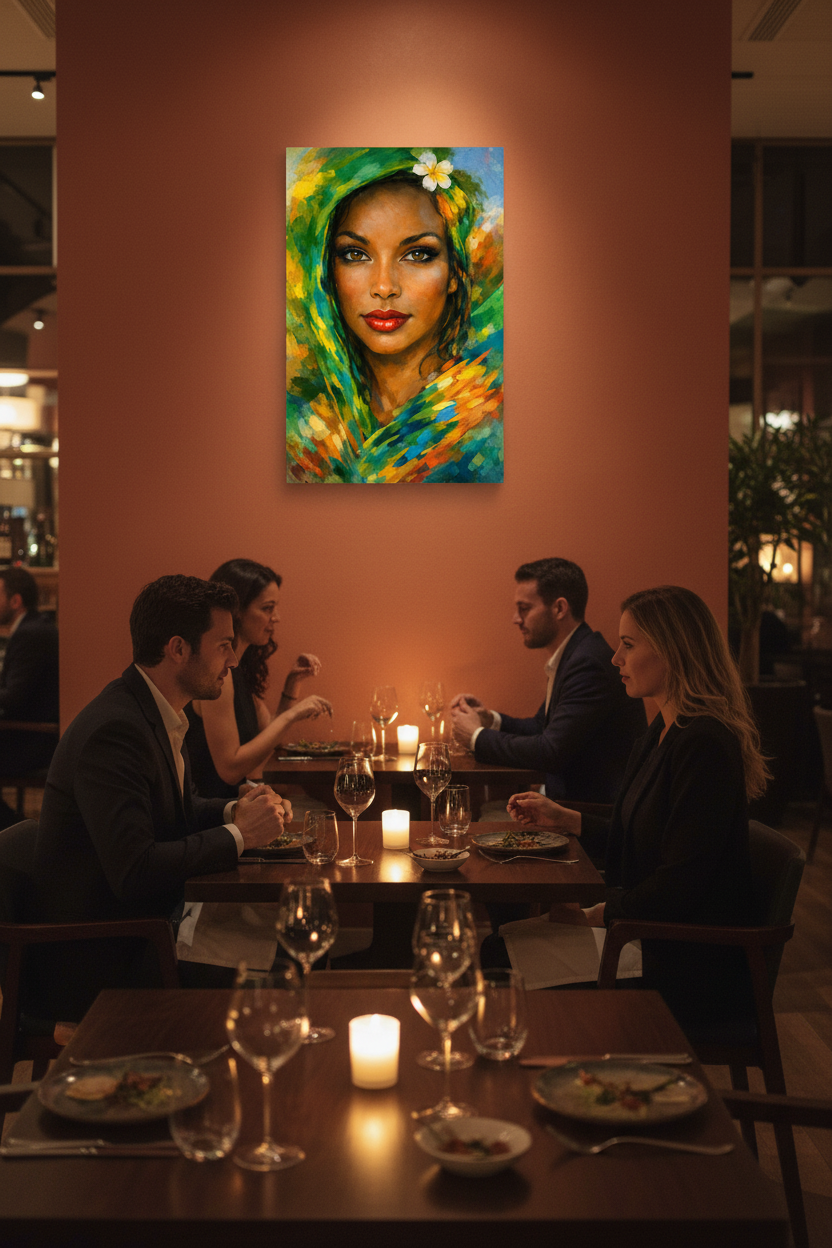 Vibrant colourful woman portrait canvas wall art on a terracotta wall in an upscale candlelit restaurant dining room - Portugal Canvas Co