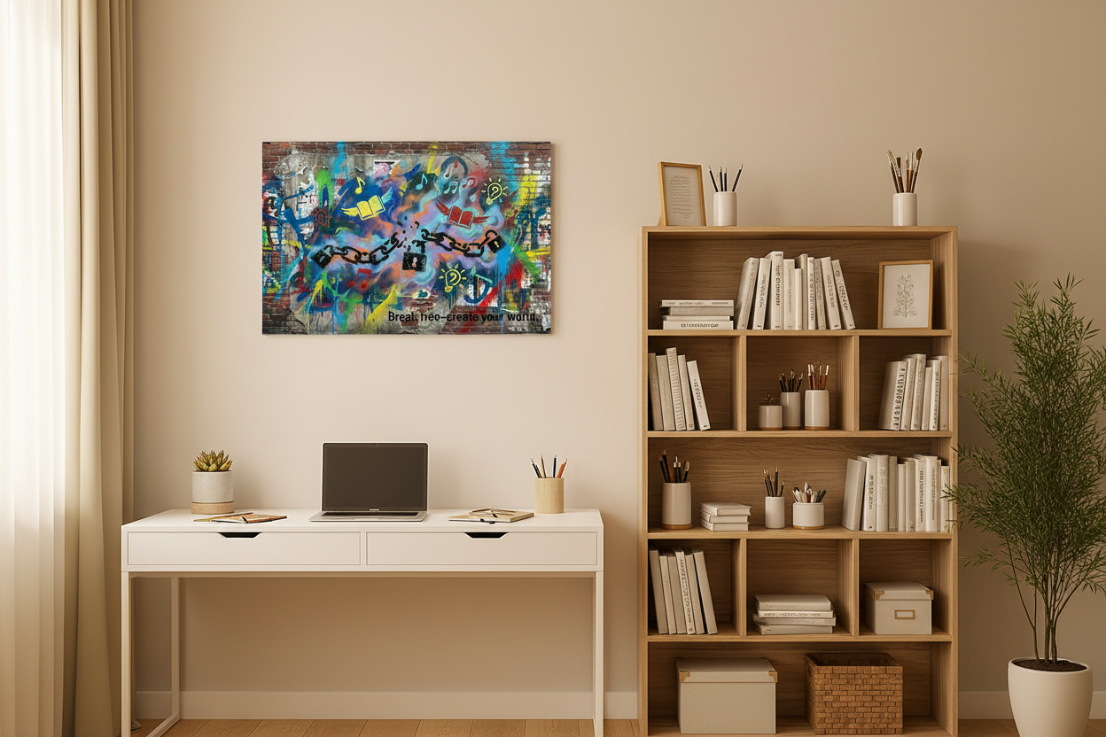 Break Free Create Your World graffiti canvas print displayed in a bright creative home office with white desk and plants - Portugal Canvas Co