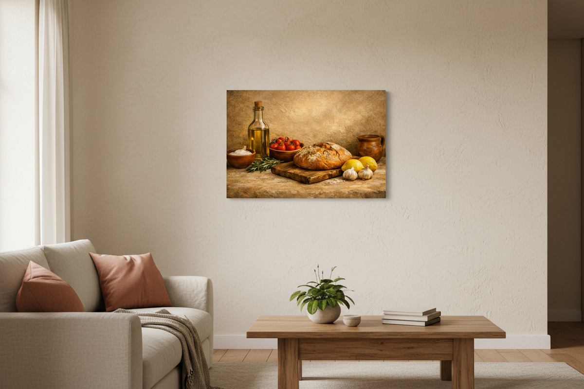 Rustic Mediterranean kitchen still life canvas wall art displayed in a cosy living room - Portugal Canvas Co