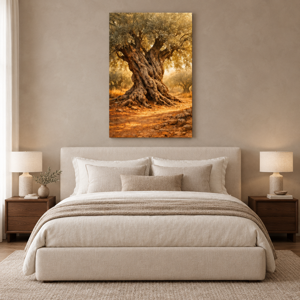 Ancient olive tree canvas above an ivory bed in a taupe bedroom - Portugal Canvas Co