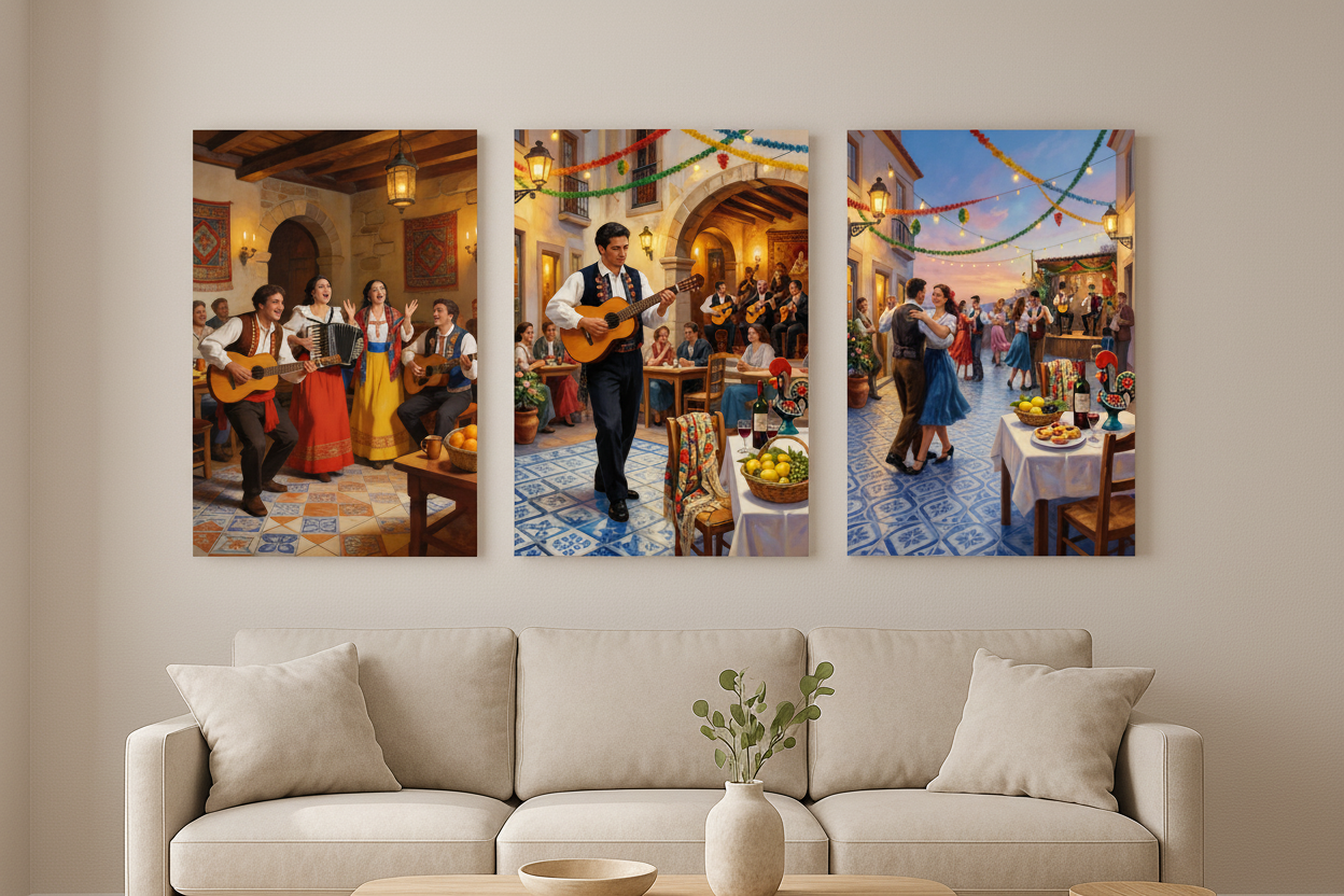 Portuguese festa cultural celebration triptych canvas wall art set displayed as a statement gallery wall in a modern living room - Portugal Canvas Co