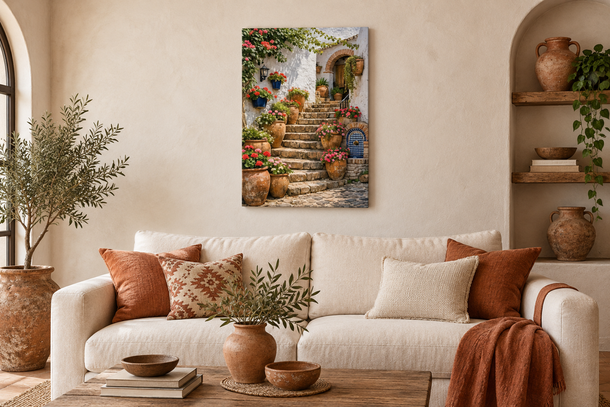 Mediterranean staircase canvas above a cream sofa in a terracotta-accented living room - Portugal Canvas Co