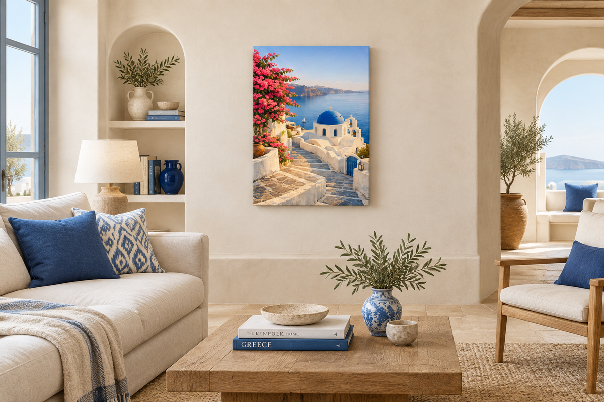 Portrait Santorini blue dome canvas in an elegant ivory Mediterranean living room with natural oak and blue accents - Portugal Canvas Co