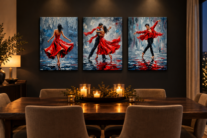 Three panel red dress dance canvas set on a deep charcoal dining room wall above a dark wood table set with candles - Portugal Canvas Co
