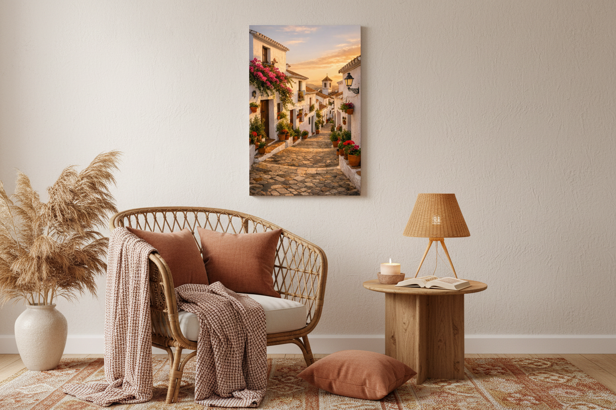 Whitewashed Mediterranean village street canvas wall art in boho reading nook with rattan armchair and rust blush tones - Portugal Canvas Co
