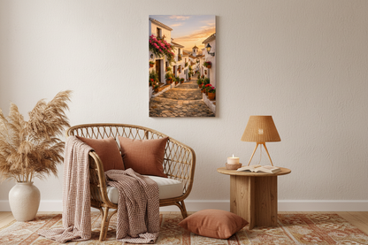 Whitewashed Mediterranean village street canvas wall art in boho reading nook with rattan armchair and rust blush tones - Portugal Canvas Co