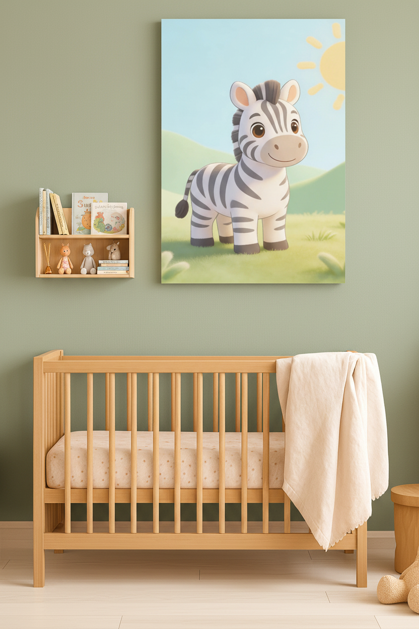 Cute baby zebra nursery canvas wall art on a sage green nursery wall above a wooden bookshelf - Portugal Canvas Co