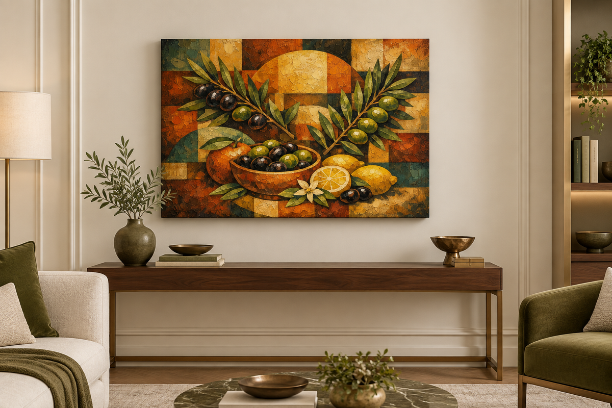 Olives and citrus gallery-wrapped canvas in ivory and olive living room - Portugal Canvas Co