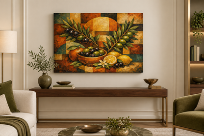 Olives and citrus gallery-wrapped canvas in ivory and olive living room - Portugal Canvas Co