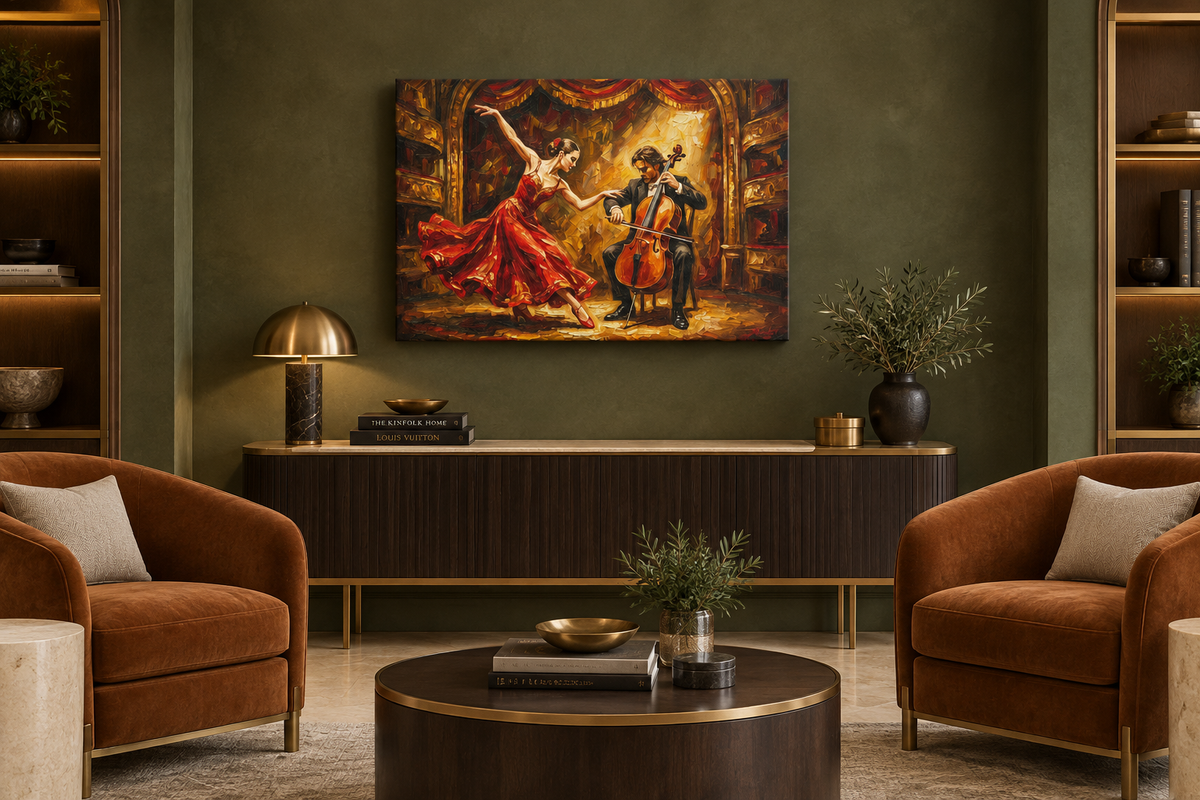 Dancer in a red dress and cellist canvas displayed in a five-star hotel lounge - Portugal Canvas Co