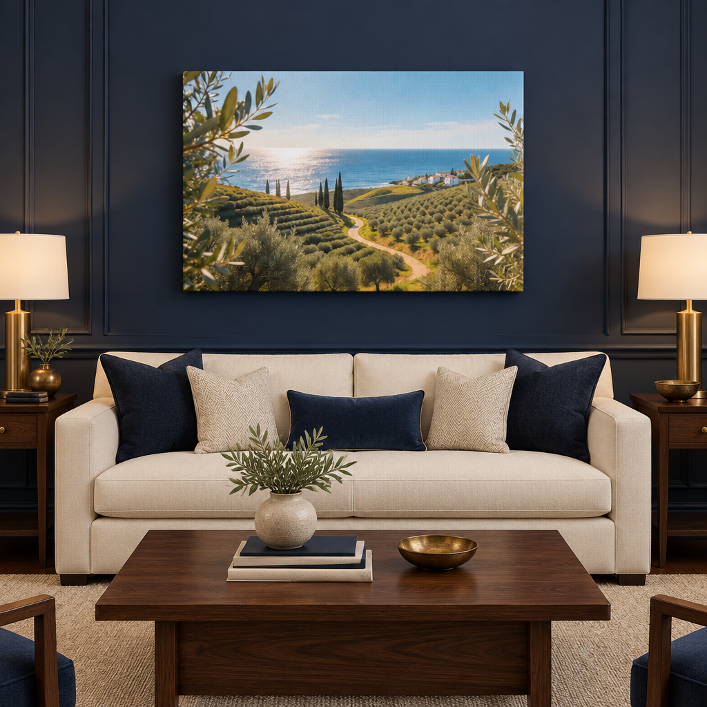 Mediterranean olive grove coastal landscape canvas above a cream sofa in a navy lounge - Portugal Canvas Co