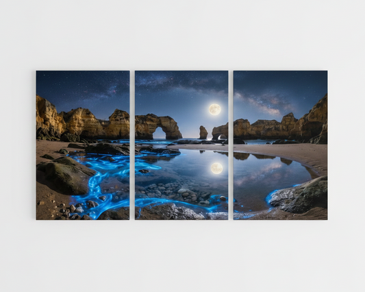 Algarve moonlit bioluminescent beach triptych canvas wall art flat lay on white background - Portugal Canvas Co