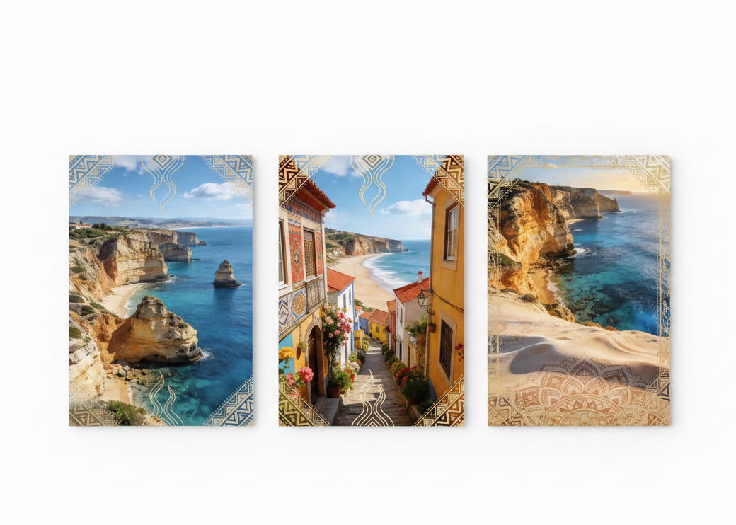 Portuguese coastal triptych canvas wall art set with Azulejo border flat lay on white background - Portugal Canvas Co